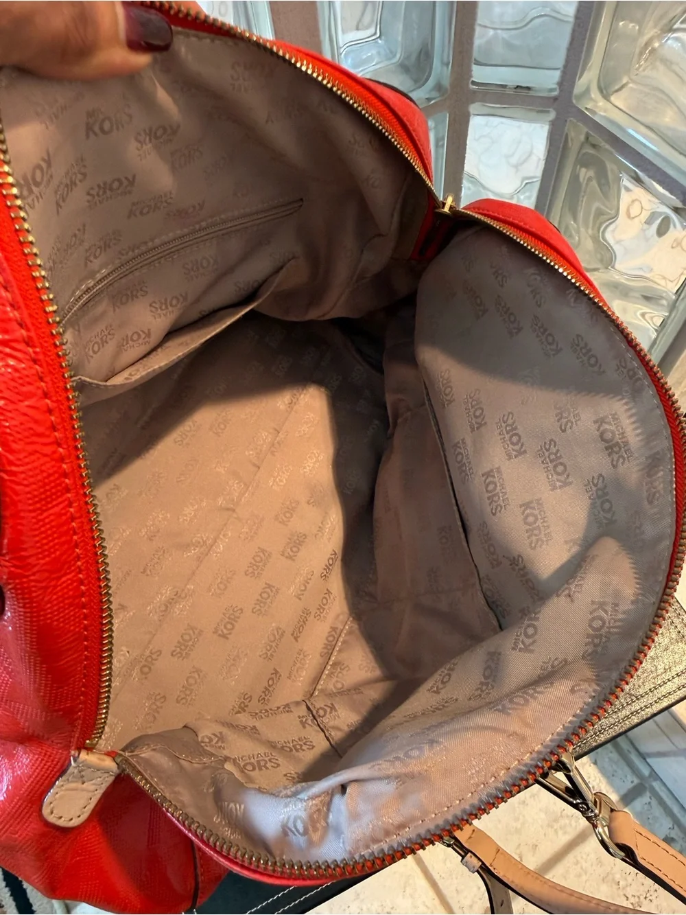 Michael Kors Reddish Orange Leather Crossbody Grayson Satchel. Tan Trim.